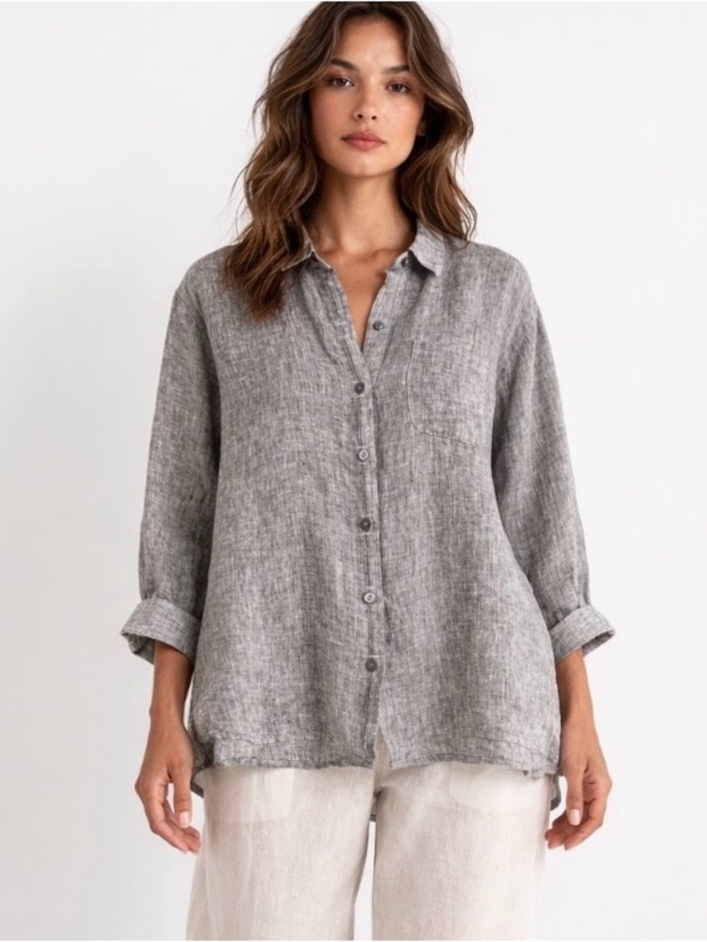 J. Jill love linen Gray Linen Button-Up Shirt small